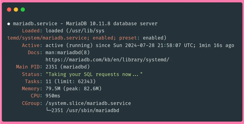 lemp stack installation: mariadb status