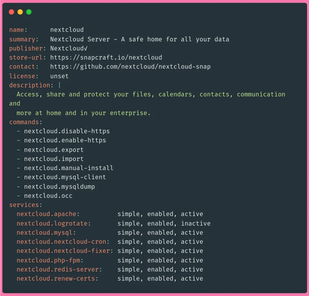 snap nextcloud info command