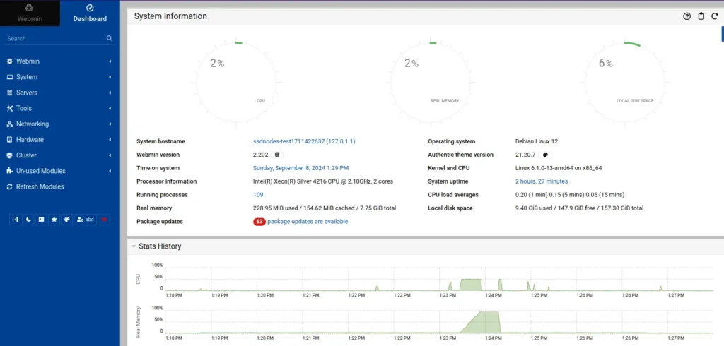 Webmin Dashboard on a Debian 12 System